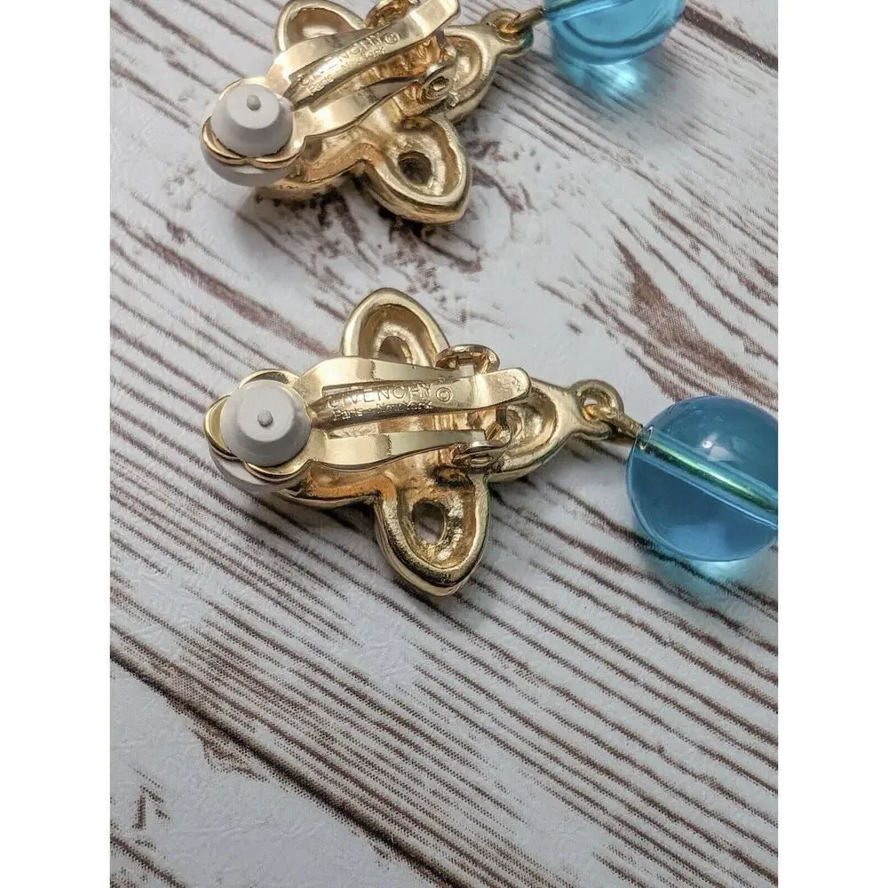 Vintage Givenchy Clip On Earrings - Gold Tone & Blue Dangle